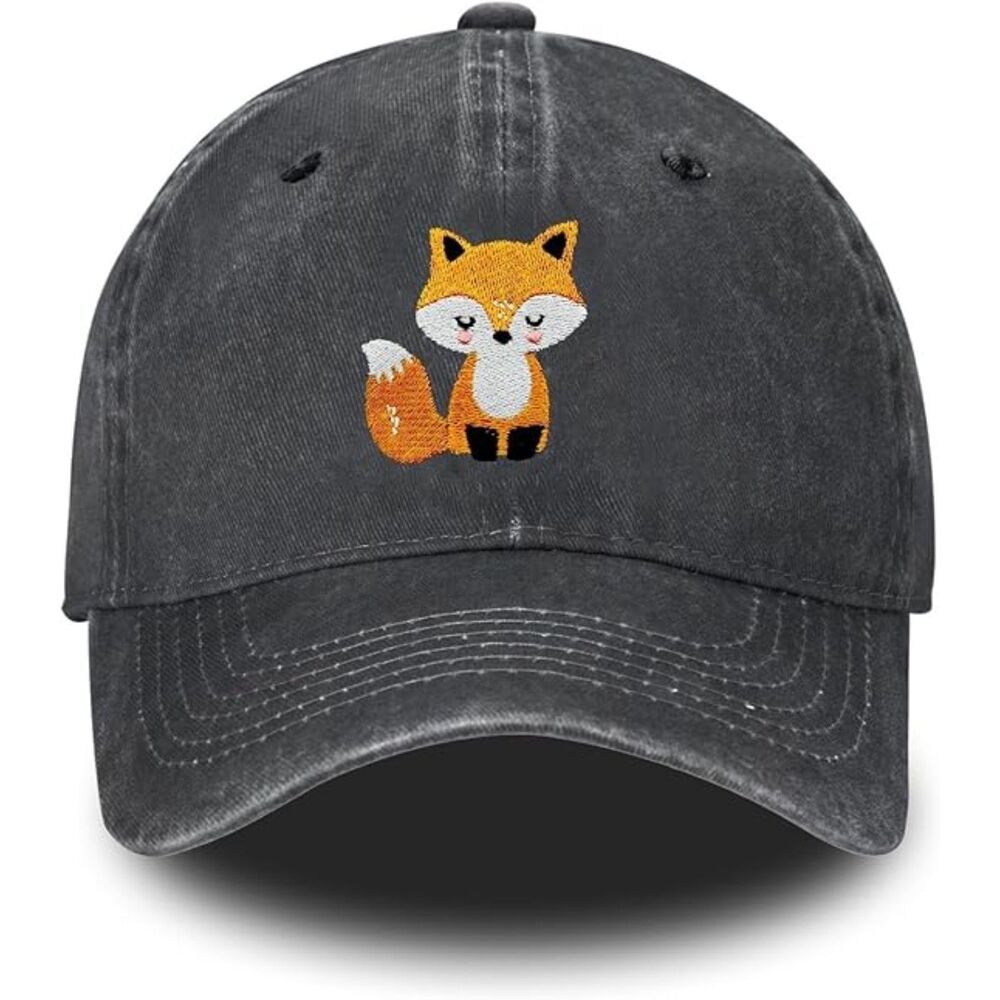 Unisex Black Washed 100% Cotton Fox Embroidery Adjustable Classic Baseball Cap